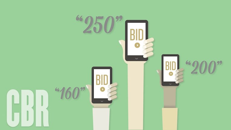 Green background image with illustrated hands holding up phones that say "Bid"; surrounded by the numbers "160", "250", and "200"