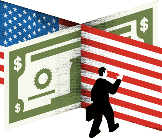 A revolving door of the US Flag and a Dollar Bill