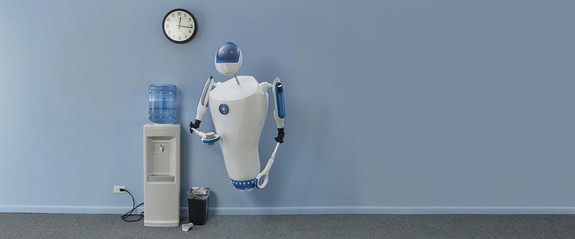 Robot waiting patiently at water cooler