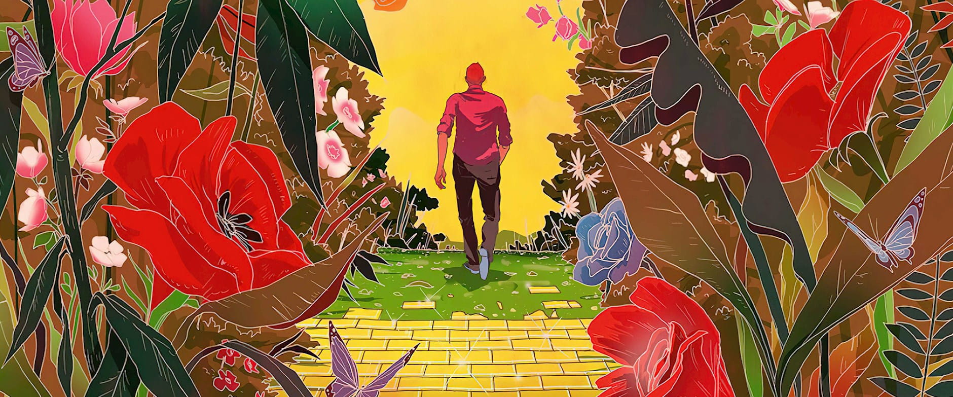 Illustration of man on golden path walking toward horizon