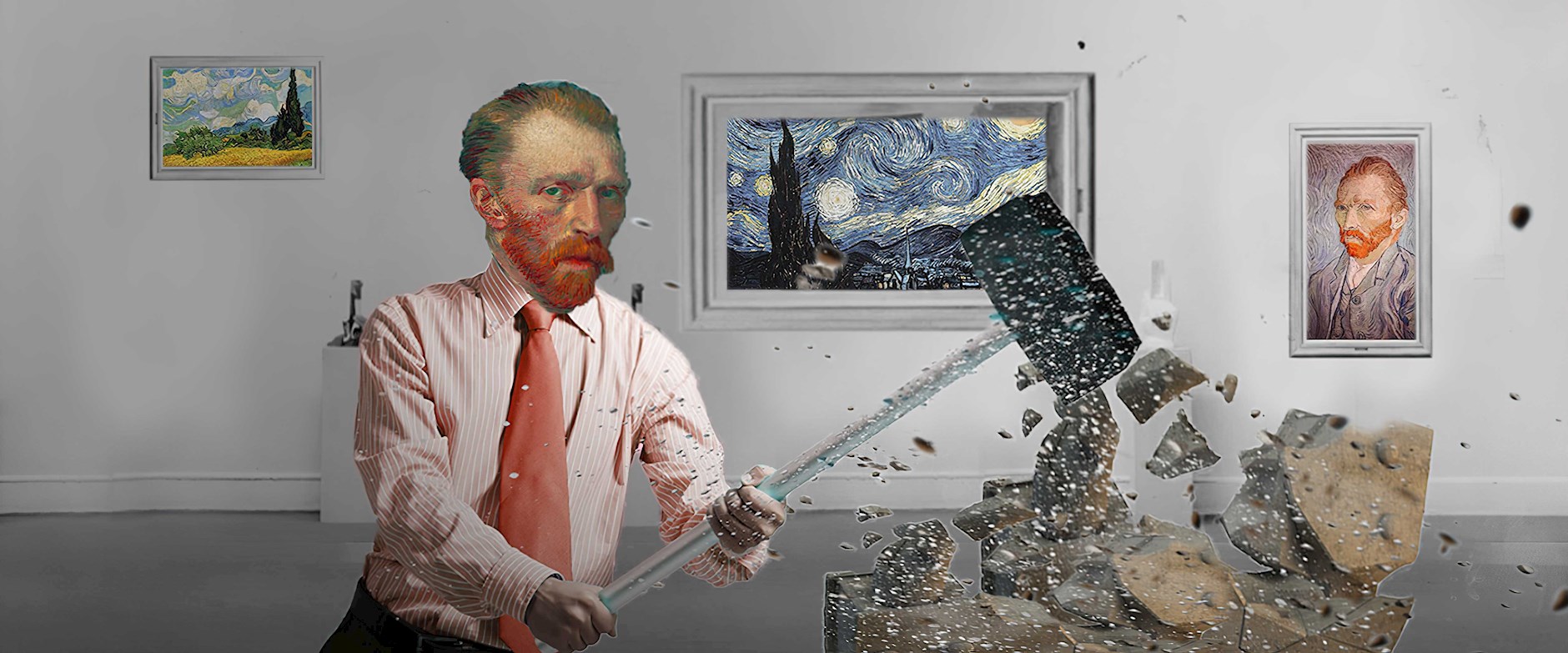 Van Gogh destroying a sculpture with a mallet