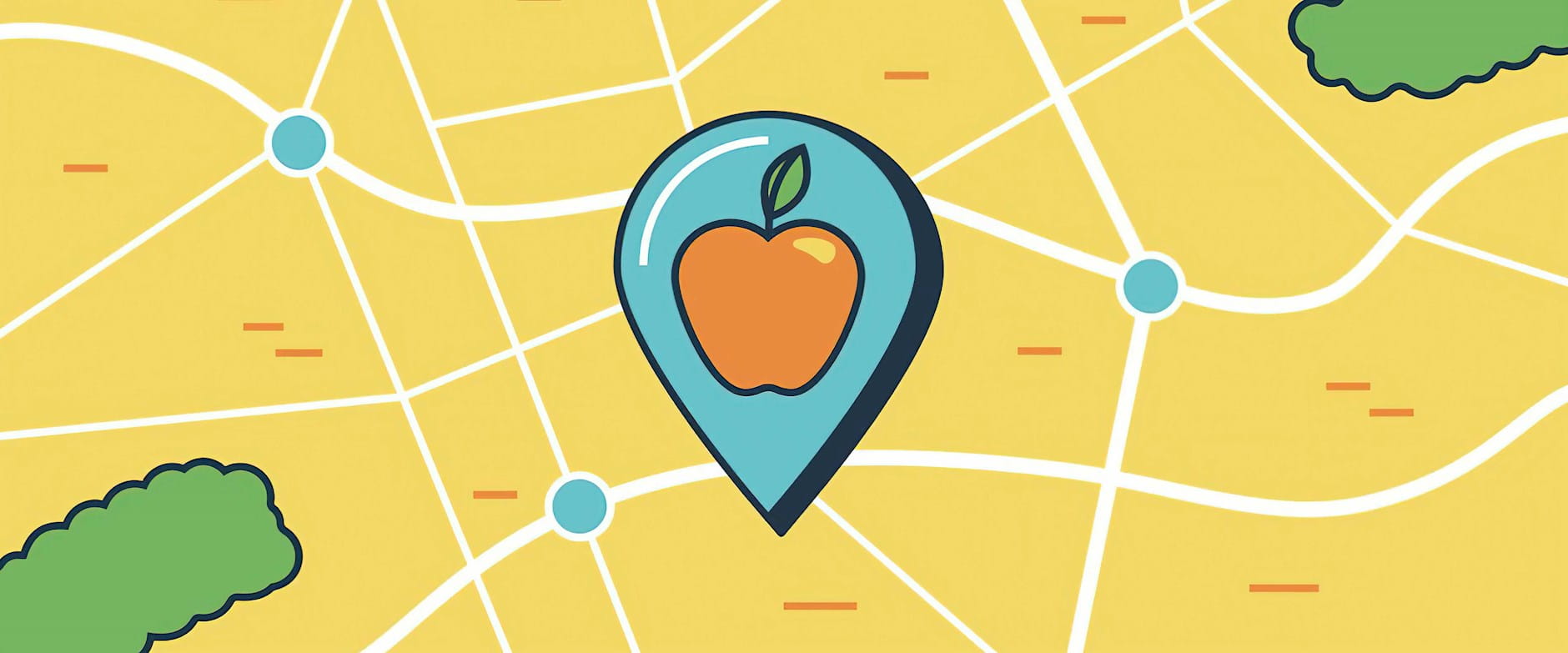 Close up of a map pin with an apple in the center