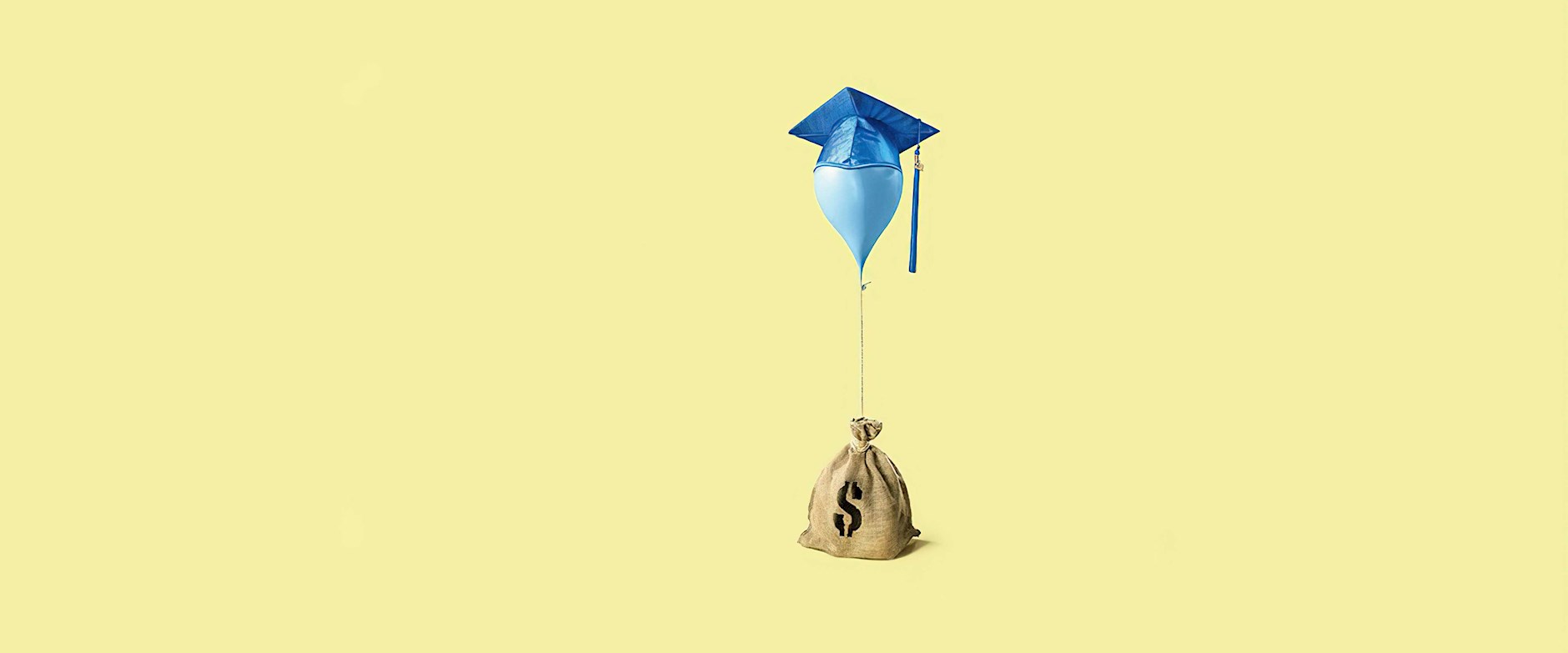 A balloon with a graduation cap tied to a large bag of money