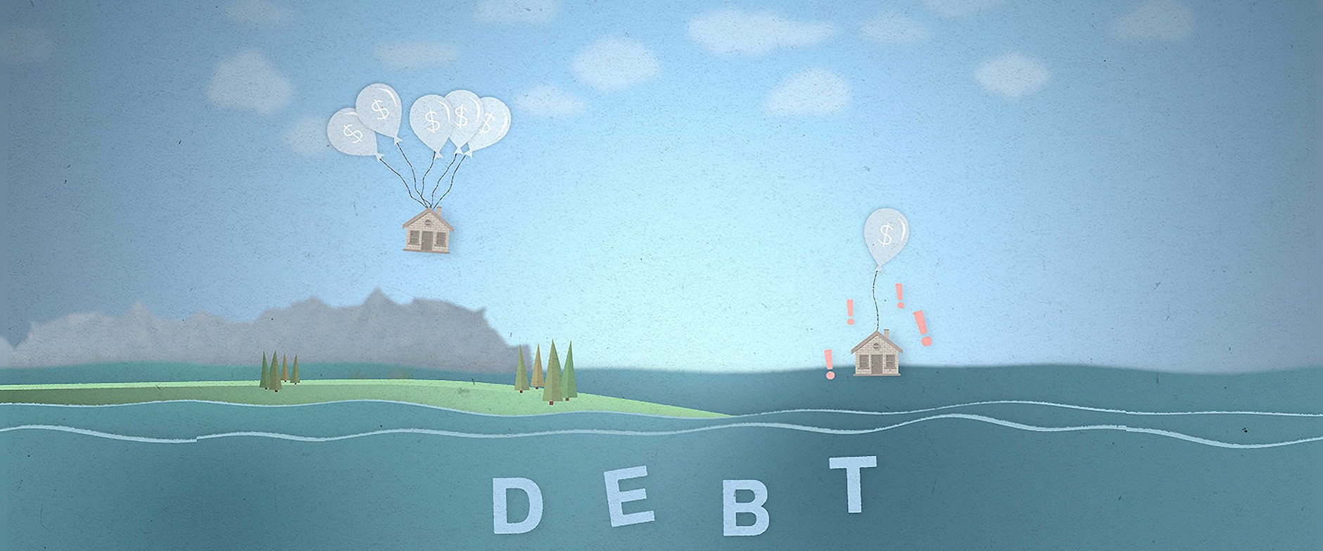 An illustration of a sea that spells "DEBT" and houses floating in it, one being held up by balloons with dollar signs