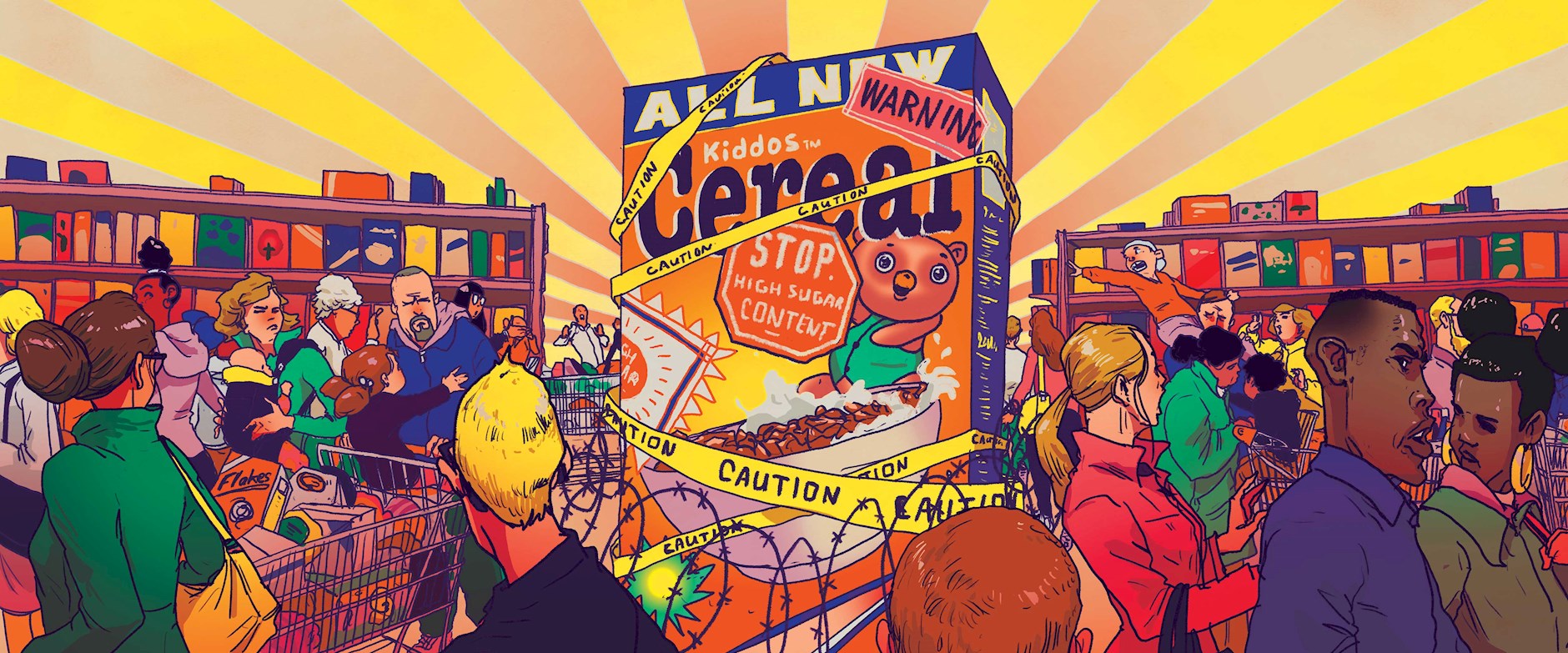 People avoiding a cereal box with a warning label